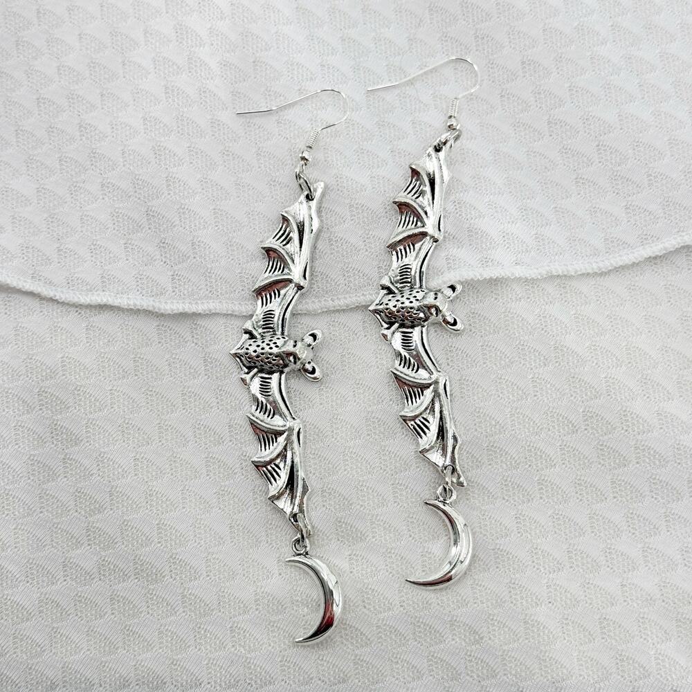 Extra Long Celestial Bat Dangle Earrings, Antique… - image 1